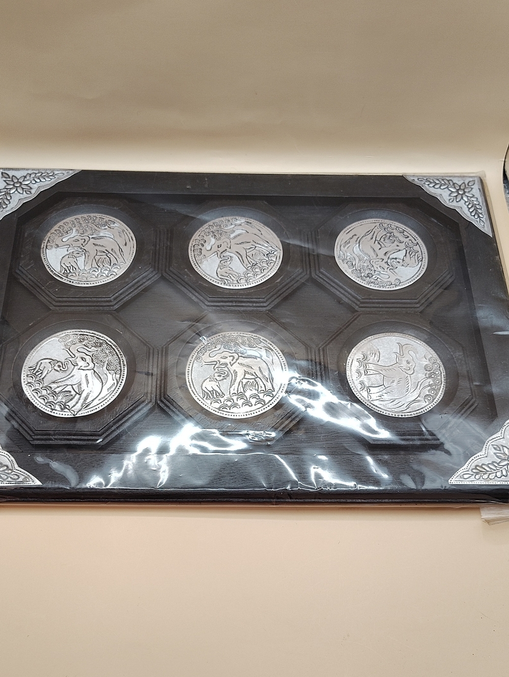 Handmade Vintage Elephant Pewter Embellish Wooden Coaster Set and Tray, Thailand